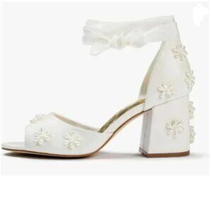 XYD White Open Toe with Bloom Pearl Flower Ribbon Ankle Strap Block Heel Sandals